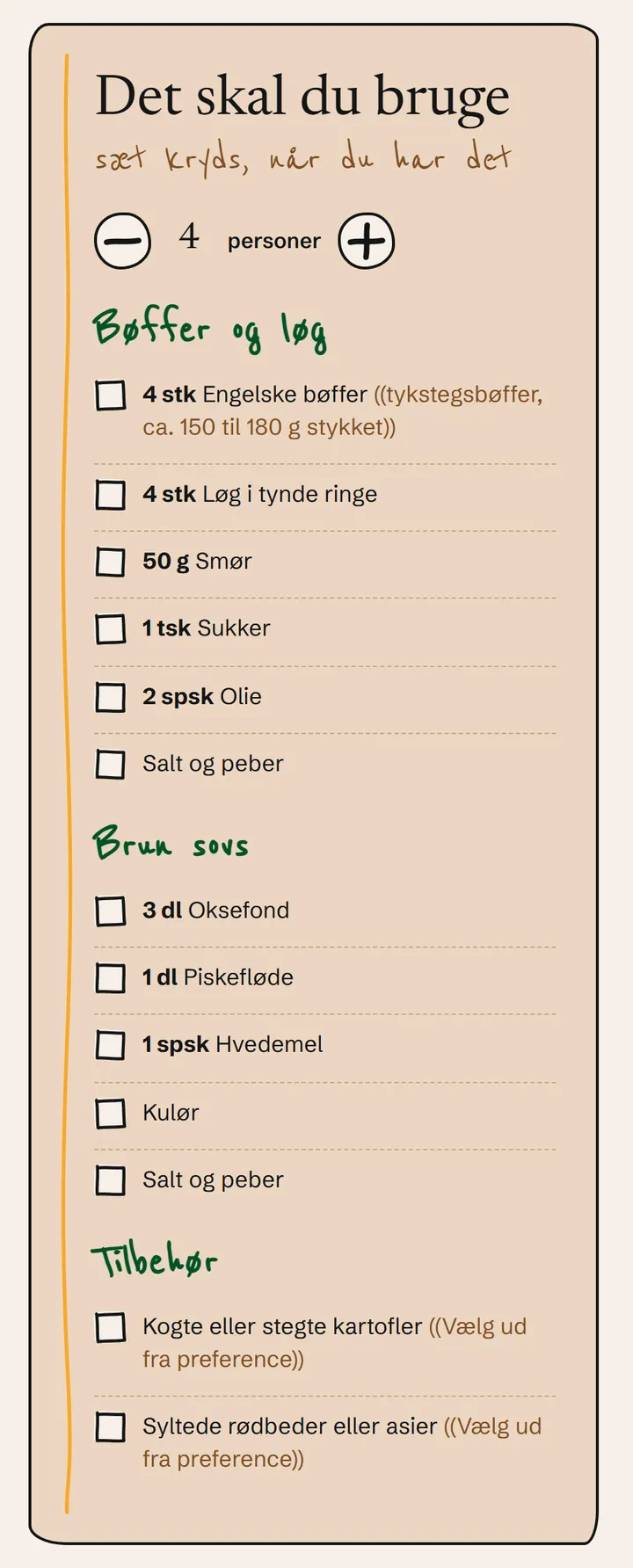 Ingredienslisten til engelsk bøf med felter til at sætte kryds og knapper til antal personer