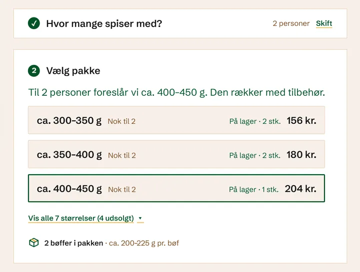 Købsboksen spørger, hvor mange der spiser med, og foreslår en pakke til to personer