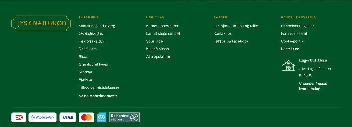 Footeren på jysknaturkoed.dk med sortiment, guides, gården og betalingsmuligheder