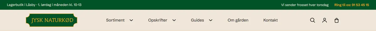 Menuen på jysknaturkoed.dk med Sortiment, Opskrifter, Guides, Om gården og Kontakt