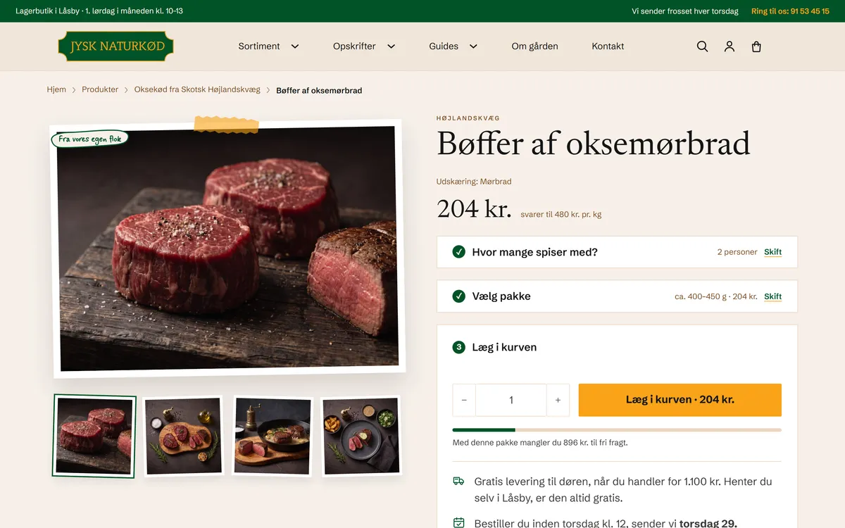 Produktsiden for bøffer af oksemørbrad. Kurven glider ind fra højre med en bjælke mod billigere fragt og forslag til samme kasse